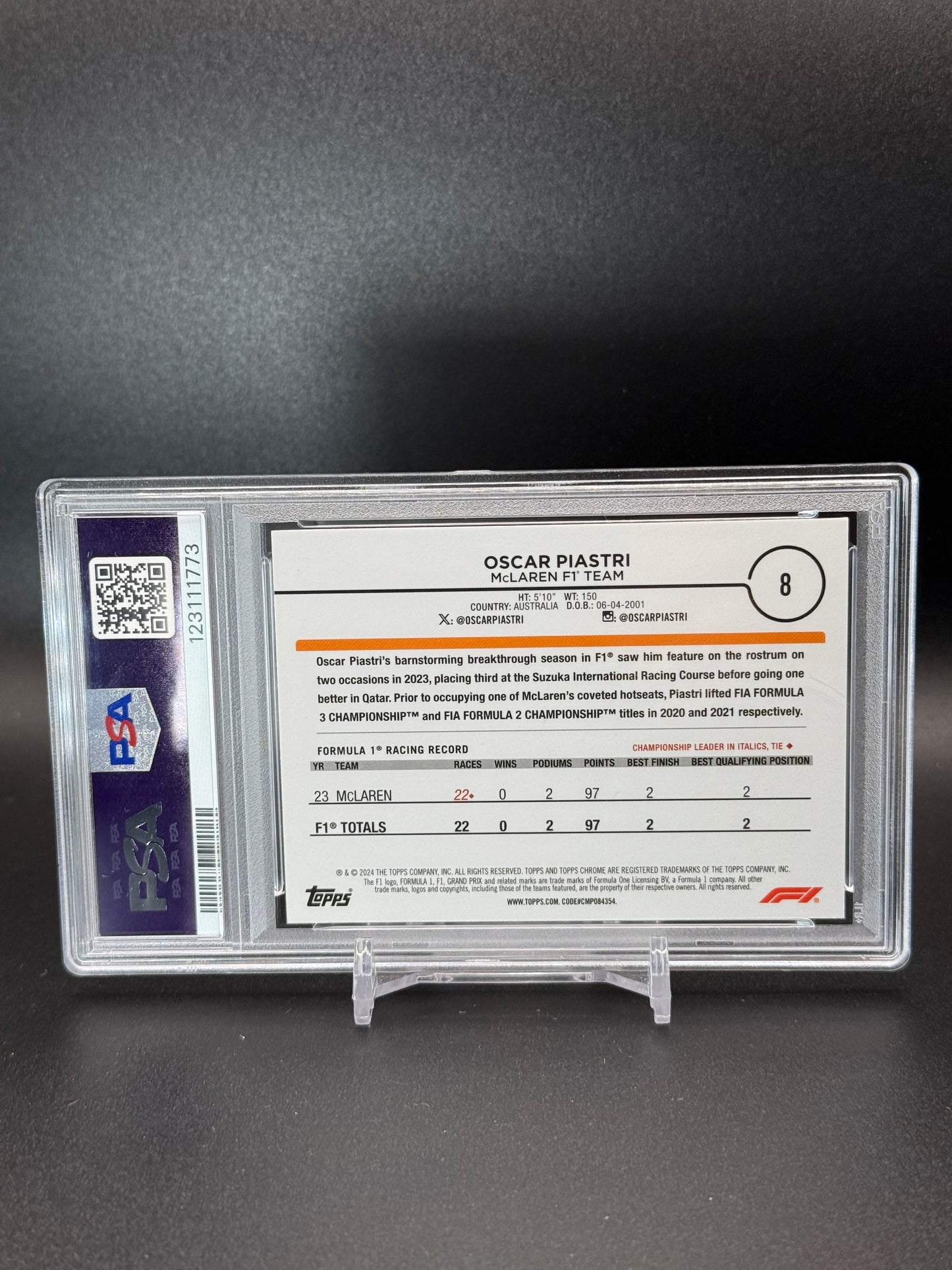 2024 Topps Chrome Formula 1 Oscar Piastri Purple Checker PSA 10