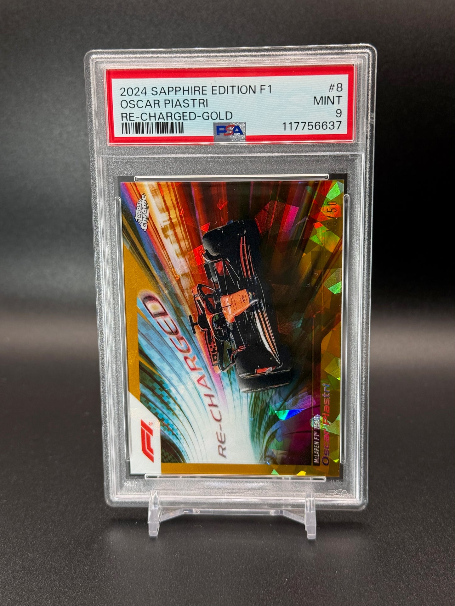 2024 Topps Chrome Sapphire Formula 1 Oscar Piastri Re-Charged #8 Gold 10/50 PSA 9