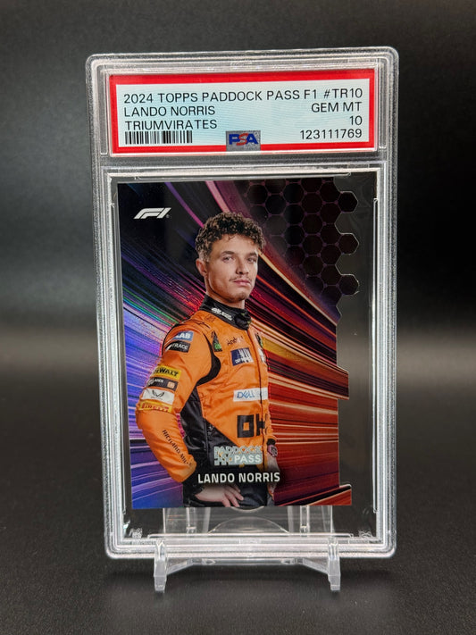 2024 Topps Formula 1 Paddock Pass Lando Norris Triumvirates Die-Cut PSA 10