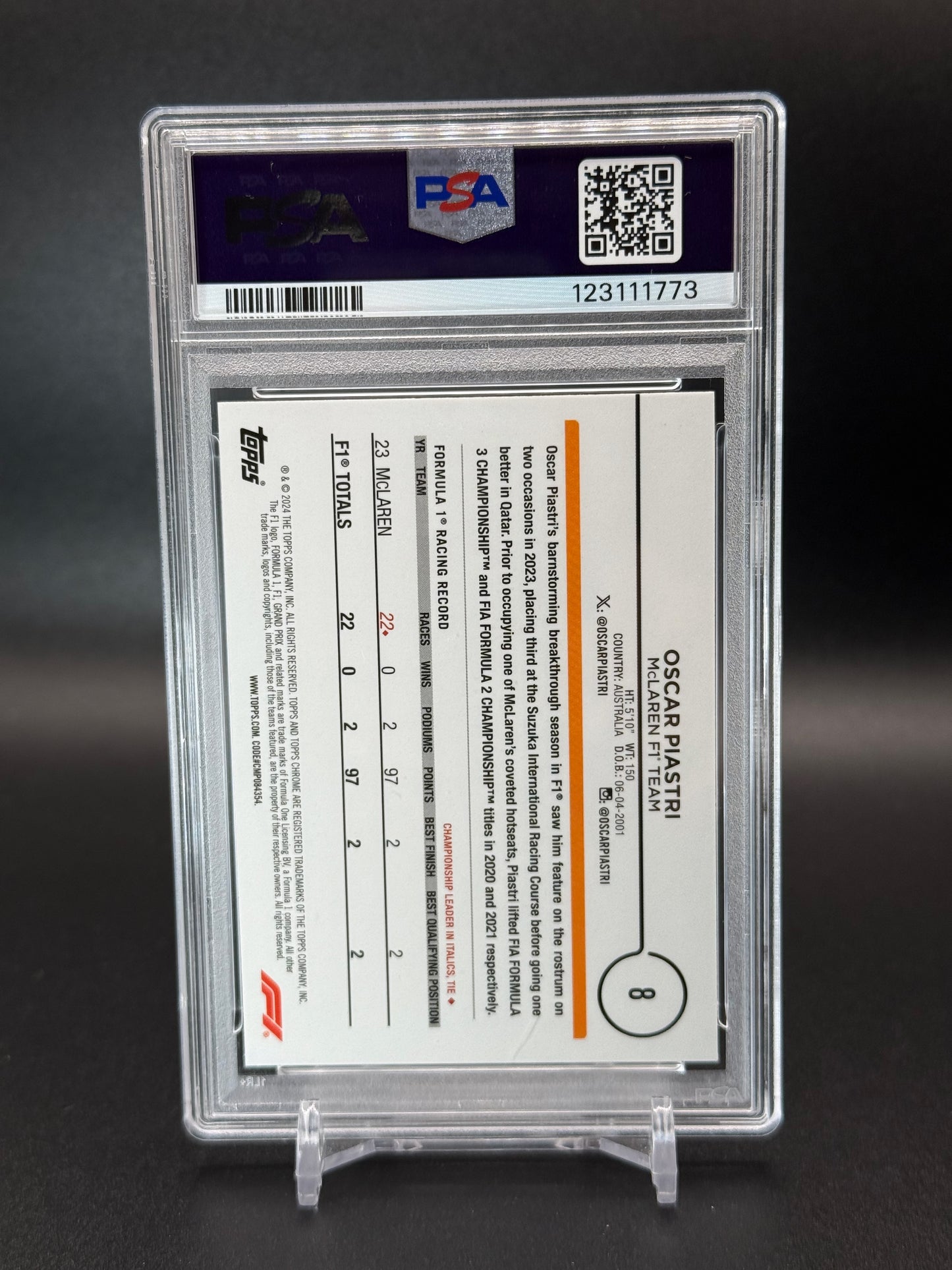 2024 Topps Chrome Formula 1 Oscar Piastri Purple Checker PSA 10