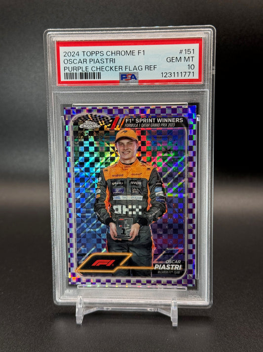 2024 Topps Chrome Formula 1 Oscar Piastri #151 Purple Checker 023/199 PSA 10