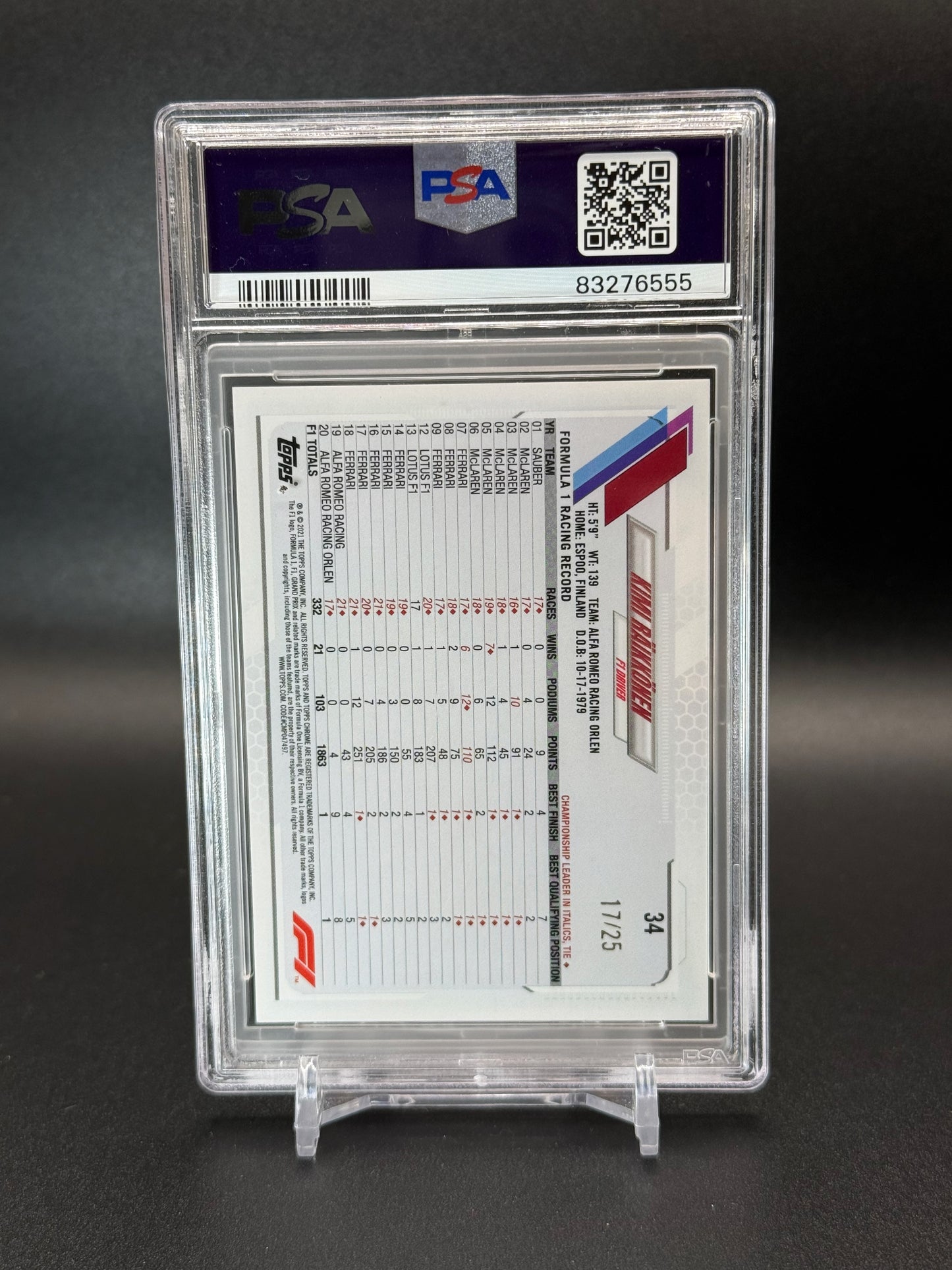 2021 Topps Chrome Formula 1 Kimi Raikkonen #34 Orange PSA 10