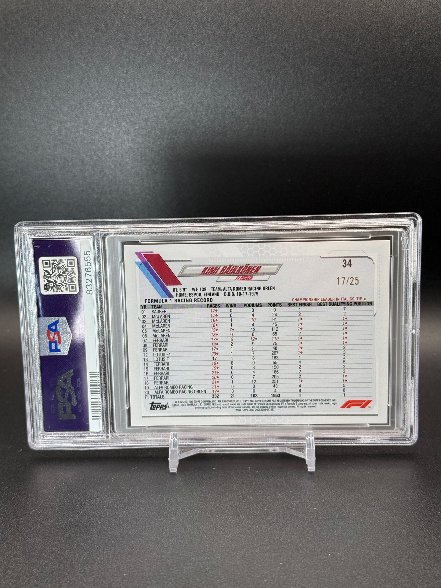 2021 Topps Chrome Formula 1 Kimi Raikkonen #34 Orange PSA 10